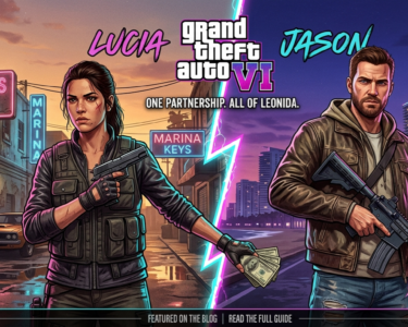 A stylized promotional poster image showing the two GTA 6 protagonists, Lucia and Jason, looking determined with Vice City in the background. A stylized promotional poster image showing the two GTA 6 protagonists, Lucia and Jason, looking determined with Vice City in the background.