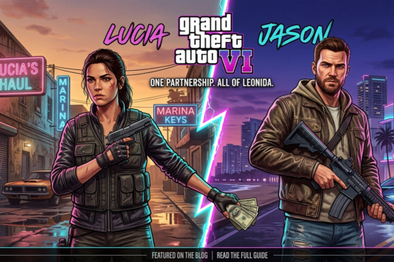 A stylized promotional poster image showing the two GTA 6 protagonists, Lucia and Jason, looking determined with Vice City in the background. A stylized promotional poster image showing the two GTA 6 protagonists, Lucia and Jason, looking determined with Vice City in the background.