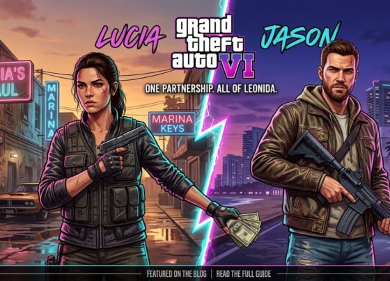 A stylized promotional poster image showing the two GTA 6 protagonists, Lucia and Jason, looking determined with Vice City in the background. A stylized promotional poster image showing the two GTA 6 protagonists, Lucia and Jason, looking determined with Vice City in the background.