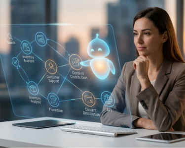 A professional woman looks at a holographic display of complex automated workflows, where a stylized digital agent executes multi-step tasks.