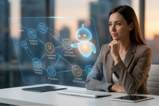A professional woman looks at a holographic display of complex automated workflows, where a stylized digital agent executes multi-step tasks.
