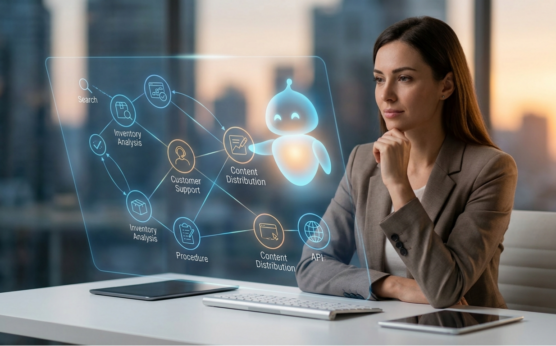 A professional woman looks at a holographic display of complex automated workflows, where a stylized digital agent executes multi-step tasks.