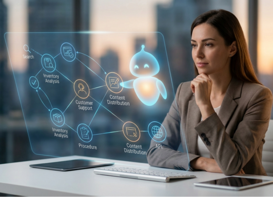 A professional woman looks at a holographic display of complex automated workflows, where a stylized digital agent executes multi-step tasks.