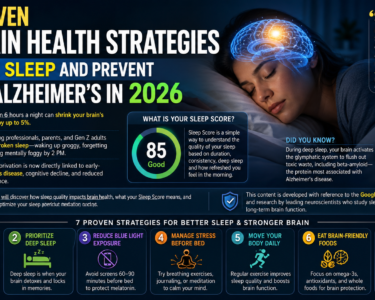 7 proven brain health strategies to fix sleep and prevent early Alzheimer’s in 2026 infographic showing sleep score, deep sleep tips, and glymphatic system benefits