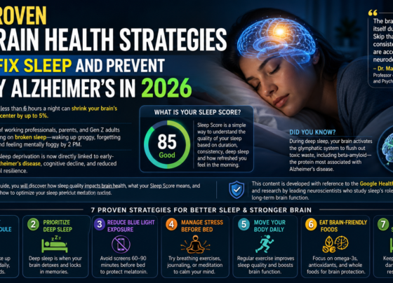 7 proven brain health strategies to fix sleep and prevent early Alzheimer’s in 2026 infographic showing sleep score, deep sleep tips, and glymphatic system benefits