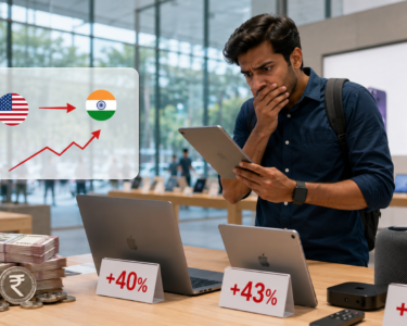 Apple price hike India 2026 illustration showing an Indian customer comparing MacBook, iPad, Apple TV, and HomePod prices in an Apple Store as Apple prices increase across India.
