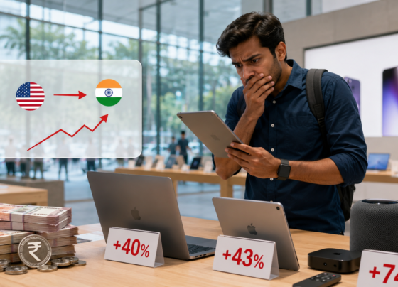 Apple price hike India 2026 illustration showing an Indian customer comparing MacBook, iPad, Apple TV, and HomePod prices in an Apple Store as Apple prices increase across India.