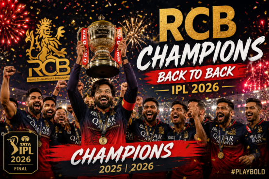 Royal Challengers Bengaluru captain Rajat Patidar lifts the IPL 2026 trophy with teammates under fireworks.