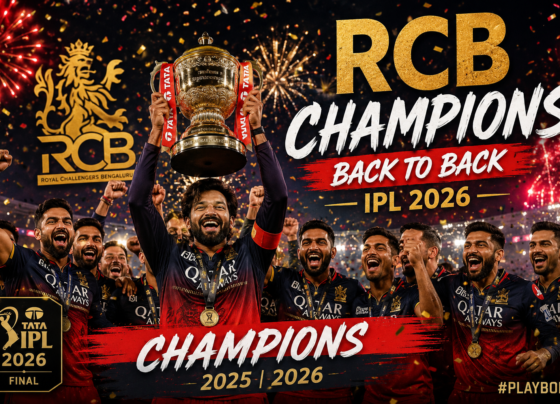 Royal Challengers Bengaluru captain Rajat Patidar lifts the IPL 2026 trophy with teammates under fireworks.