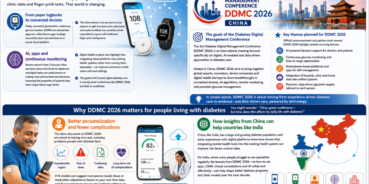 Digital diabetes care infographic showing AI apps, CGM devices and DDMC 2026 innovations transforming diabetes management in India