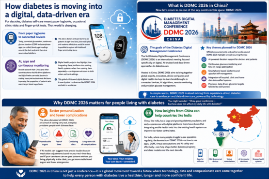 Digital diabetes care infographic showing AI apps, CGM devices and DDMC 2026 innovations transforming diabetes management in India