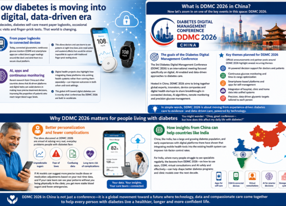 Digital diabetes care infographic showing AI apps, CGM devices and DDMC 2026 innovations transforming diabetes management in India
