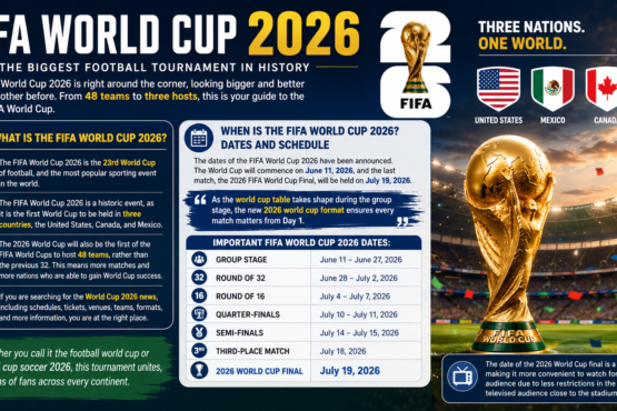 FIFA World Cup 2026 infographic showing 48 teams, 3 host countries USA Mexico Canada, format, prize money and tournament details.
