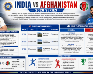 India vs Afghanistan 2026 series overview infographic showing Shubman Gill test captain, Virat Kohli ODI squad, Rohit Sharma, match schedule, venues, and team squads.