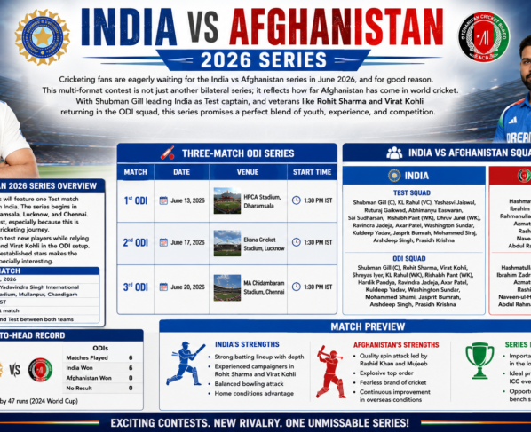 India vs Afghanistan 2026 series overview infographic showing Shubman Gill test captain, Virat Kohli ODI squad, Rohit Sharma, match schedule, venues, and team squads.