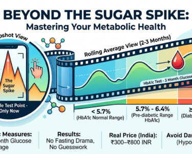 An educational infographic titled "Beyond the Sugar Spike: Mastering Your Metabolic Health". On the left, a smartphone icon represents a "Snapshot View" showing a sharp "Sugar Spike" peak, labeled "Single Test Point - Only Now". Emerging from the phone is a winding film strip titled "Rolling Average View (2–3 Months)," which maps out a continuous glucose wave across three color-coded metabolic health ranges. The ranges are marked as: Less than 5.7% for HbA1c Normal Range (green), 5.7%–6.4% for Pre-diabetic Range HbA1c (orange), and 6.5% or higher for Diabetes Range (red). The bottom of the graphic summarizes key takeaways: it measures a 3-month rolling glucose average, requires no fasting, costs ₹300–₹800 INR in India, and warns readers to avoid dangerous lows like hypoglycemia.