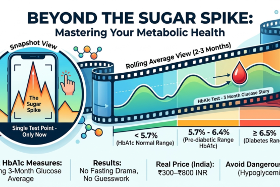 An educational infographic titled "Beyond the Sugar Spike: Mastering Your Metabolic Health". On the left, a smartphone icon represents a "Snapshot View" showing a sharp "Sugar Spike" peak, labeled "Single Test Point - Only Now". Emerging from the phone is a winding film strip titled "Rolling Average View (2–3 Months)," which maps out a continuous glucose wave across three color-coded metabolic health ranges. The ranges are marked as: Less than 5.7% for HbA1c Normal Range (green), 5.7%–6.4% for Pre-diabetic Range HbA1c (orange), and 6.5% or higher for Diabetes Range (red). The bottom of the graphic summarizes key takeaways: it measures a 3-month rolling glucose average, requires no fasting, costs ₹300–₹800 INR in India, and warns readers to avoid dangerous lows like hypoglycemia.
