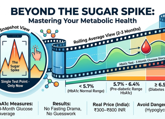 An educational infographic titled "Beyond the Sugar Spike: Mastering Your Metabolic Health". On the left, a smartphone icon represents a "Snapshot View" showing a sharp "Sugar Spike" peak, labeled "Single Test Point - Only Now". Emerging from the phone is a winding film strip titled "Rolling Average View (2–3 Months)," which maps out a continuous glucose wave across three color-coded metabolic health ranges. The ranges are marked as: Less than 5.7% for HbA1c Normal Range (green), 5.7%–6.4% for Pre-diabetic Range HbA1c (orange), and 6.5% or higher for Diabetes Range (red). The bottom of the graphic summarizes key takeaways: it measures a 3-month rolling glucose average, requires no fasting, costs ₹300–₹800 INR in India, and warns readers to avoid dangerous lows like hypoglycemia.