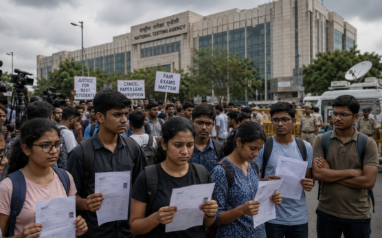 NEET exam paper leak 2026 protest showing worried NEET aspirants holding admit cards outside the National Testing Agency building amid media coverage and demands for fair exams.