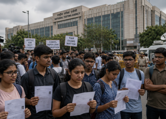 NEET exam paper leak 2026 protest showing worried NEET aspirants holding admit cards outside the National Testing Agency building amid media coverage and demands for fair exams.