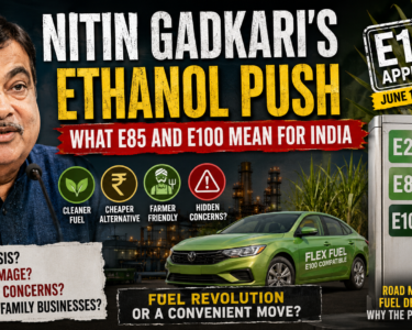 Nitin Gadkari ethanol push India E85 E100 fuel policy infographic with flex fuel car and petrol pump comparison