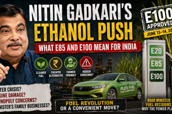 Nitin Gadkari ethanol push India E85 E100 fuel policy infographic with flex fuel car and petrol pump comparison