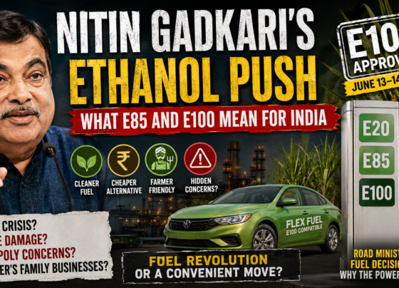 Nitin Gadkari ethanol push India E85 E100 fuel policy infographic with flex fuel car and petrol pump comparison