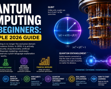 Quantum Computing for Beginners infographic explaining qubits, superposition, quantum entanglement, cybersecurity, AI, drug discovery, financial modeling, and real-world quantum computing applications in 2026.
