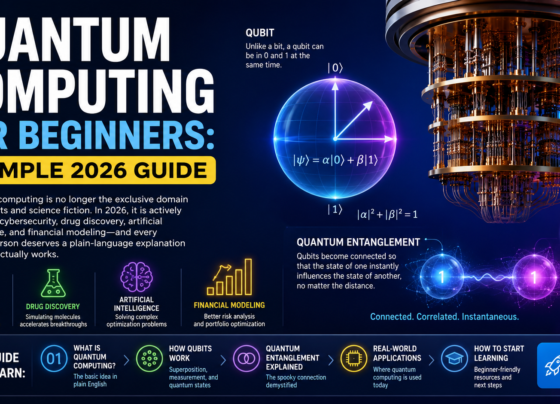Quantum Computing for Beginners infographic explaining qubits, superposition, quantum entanglement, cybersecurity, AI, drug discovery, financial modeling, and real-world quantum computing applications in 2026.