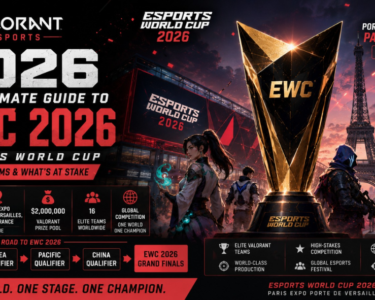 Valorant Esports World Cup 2026 poster featuring EWC trophy, Paris Eiffel Tower backdrop, tournament details, prize pool, and global qualifiers