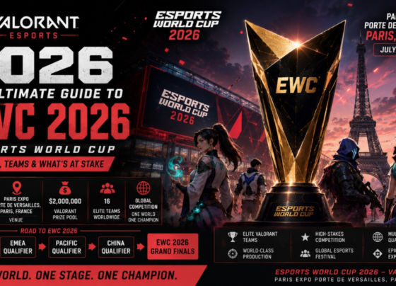 Valorant Esports World Cup 2026 poster featuring EWC trophy, Paris Eiffel Tower backdrop, tournament details, prize pool, and global qualifiers