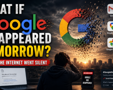What if Google disappeared tomorrow concept image showing broken Google logo, missing Gmail YouTube Maps Drive apps and shocked person with dark city background