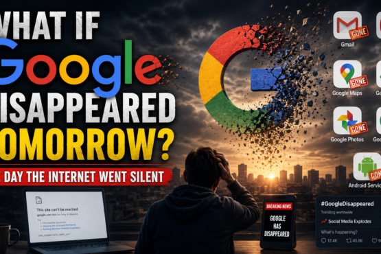 What if Google disappeared tomorrow concept image showing broken Google logo, missing Gmail YouTube Maps Drive apps and shocked person with dark city background