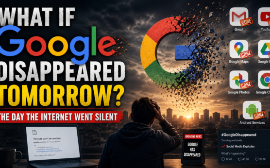 What if Google disappeared tomorrow concept image showing broken Google logo, missing Gmail YouTube Maps Drive apps and shocked person with dark city background