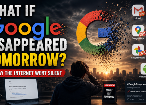 What if Google disappeared tomorrow concept image showing broken Google logo, missing Gmail YouTube Maps Drive apps and shocked person with dark city background