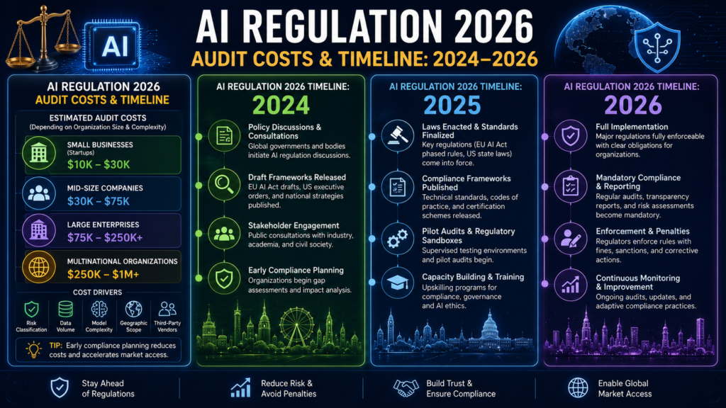 AI Regulation 2026 infographic showing AI audit costs, compliance timeline from 2024 to 2026, AI governance milestones, regulatory implementation, and AI compliance roadmap for businesses.