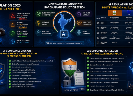 AI Regulation 2026 infographic showing AI penalties and fines, India's AI regulation roadmap, India vs EU and US AI regulations, EU AI compliance checklist, and India-specific AI compliance requirements.