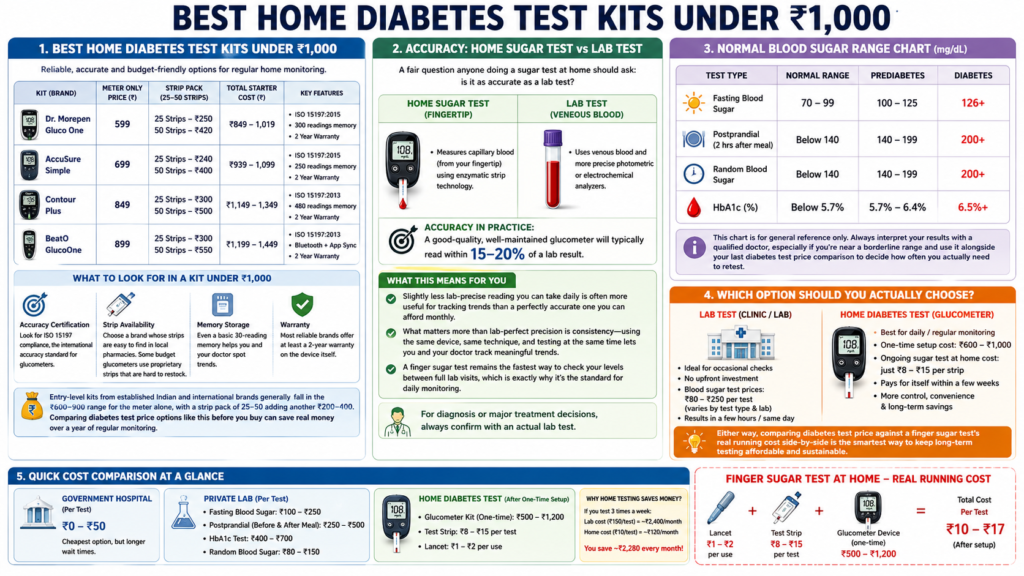 Best home diabetes test kits under ₹1,000 in India comparison infographic showing glucometer features, home sugar test accuracy vs lab test, normal blood sugar range chart, and diabetes test cost comparison.