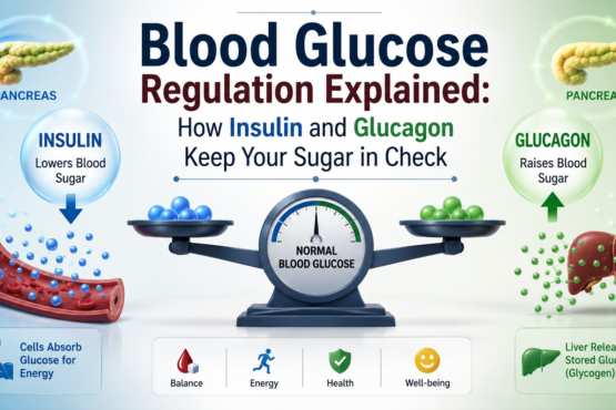 Blood glucose regulation explained infographic showing how insulin and glucagon work together to maintain normal blood sugar levels, with pancreas, liver, blood vessel, and balance scale illustrations.