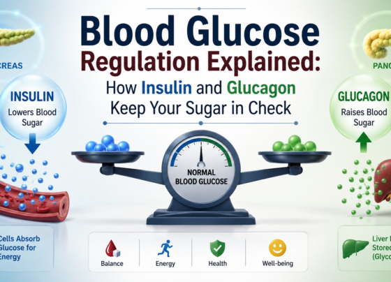 Blood glucose regulation explained infographic showing how insulin and glucagon work together to maintain normal blood sugar levels, with pancreas, liver, blood vessel, and balance scale illustrations.