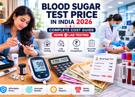 Blood Sugar Test Price in India 2026 infographic comparing home blood sugar testing vs lab testing with glucometer, HbA1c test costs, diagnostic lab, and diabetes test price guide in India.