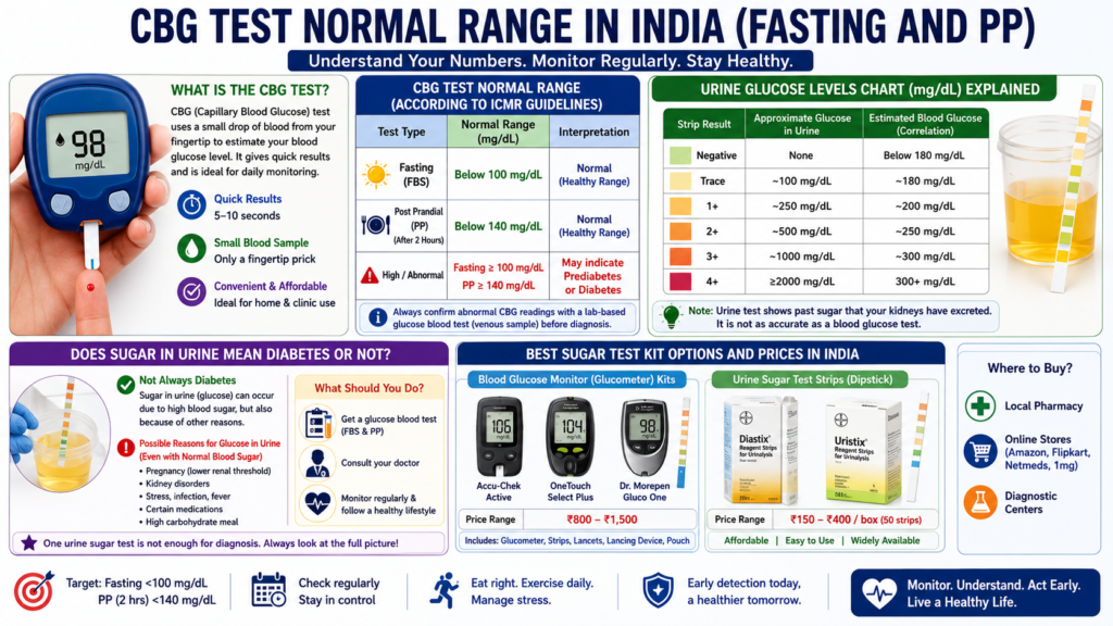 CBG test normal range in India infographic showing fasting and postprandial (PP) blood sugar ranges, urine glucose levels chart, causes of sugar in urine, best blood glucose monitor and urine sugar test kit options, and diabetes screening guidelines.
