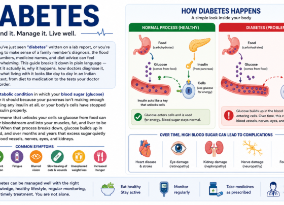Diabetes infographic explaining how diabetes develops, common symptoms, insulin function, blood sugar buildup, and long-term complications including heart, eye, kidney, nerve, and foot damage.