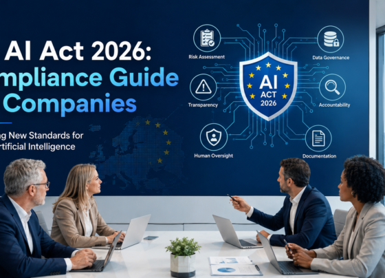 Corporate boardroom presentation explaining the EU AI Act 2026 Compliance Guide for Companies, highlighting AI governance, risk assessment, data governance, transparency, human oversight, accountability, documentation, and regulatory compliance requirements for businesses operating in the European Union.