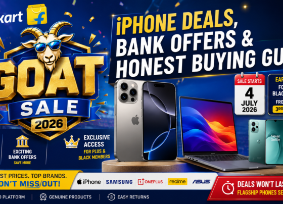 Flipkart GOAT Sale 2026 banner showcasing iPhone deals, bank offers, laptops, smartphones, smartwatch discounts, early access for Plus members, and the ultimate buying guide.
