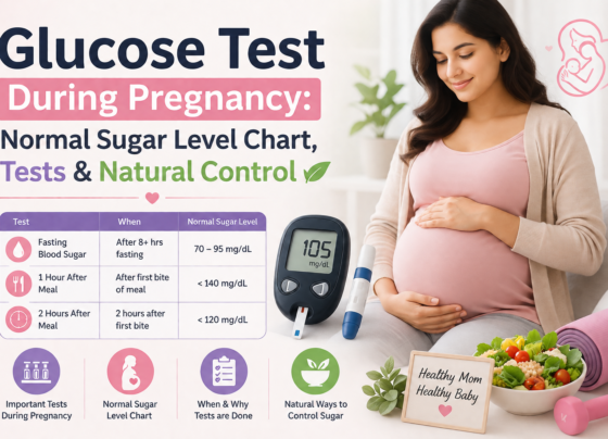 Glucose test during pregnancy infographic showing normal blood sugar level chart, fasting, 1-hour and 2-hour glucose levels, gestational diabetes tests, glucometer, healthy diet and natural sugar control tips for pregnant women.