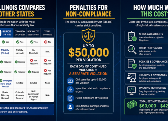 Infographic comparing the Illinois AI Accountability Act (SB 315) with other state AI laws, highlighting compliance costs, civil penalties, third-party audit requirements, and enforcement.