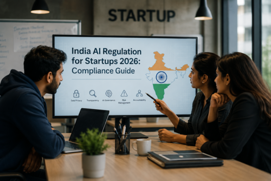 India AI regulations compliance meeting for startups in 2026, showing a business team reviewing AI governance, data privacy, transparency, risk management, and accountability guidelines in a modern office.