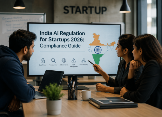 India AI regulations compliance meeting for startups in 2026, showing a business team reviewing AI governance, data privacy, transparency, risk management, and accountability guidelines in a modern office.