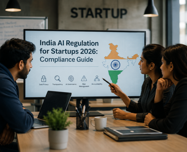 India AI regulations compliance meeting for startups in 2026, showing a business team reviewing AI governance, data privacy, transparency, risk management, and accountability guidelines in a modern office.